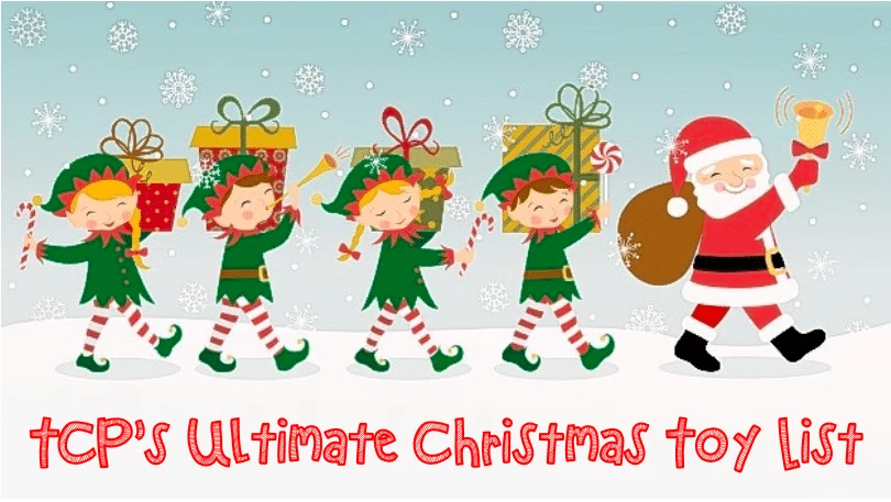 Santa Claus and elves carrying Christmas gifts, promoting TCP’s Ultimate Christmas toy list