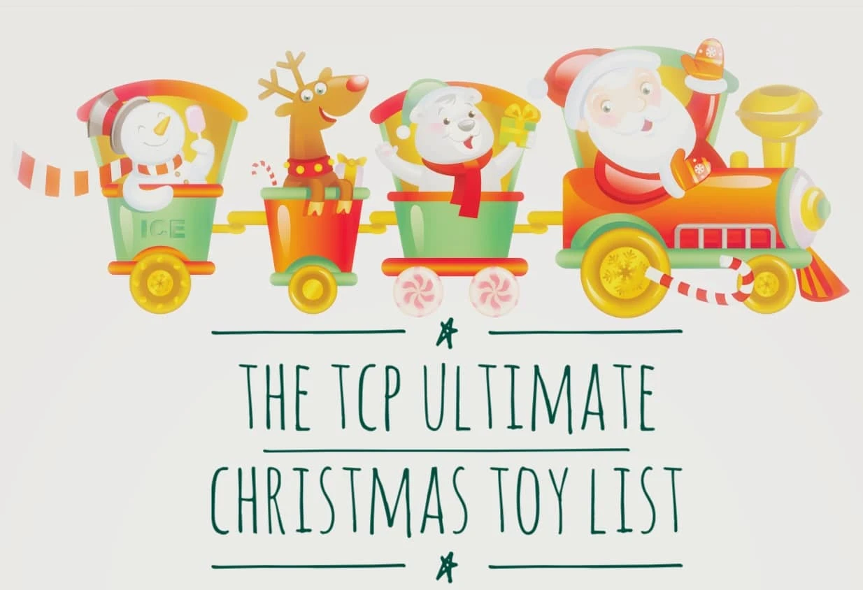 Colorful illustration of a Christmas train with Santa, reindeer, snowman, and polar bear, with 'The TCP Ultimate Christmas Toy List'