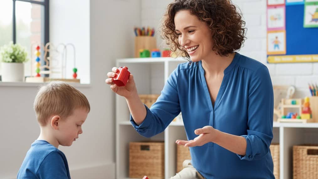 Therapist working with a young child during a learning activity in an ABA therapy session