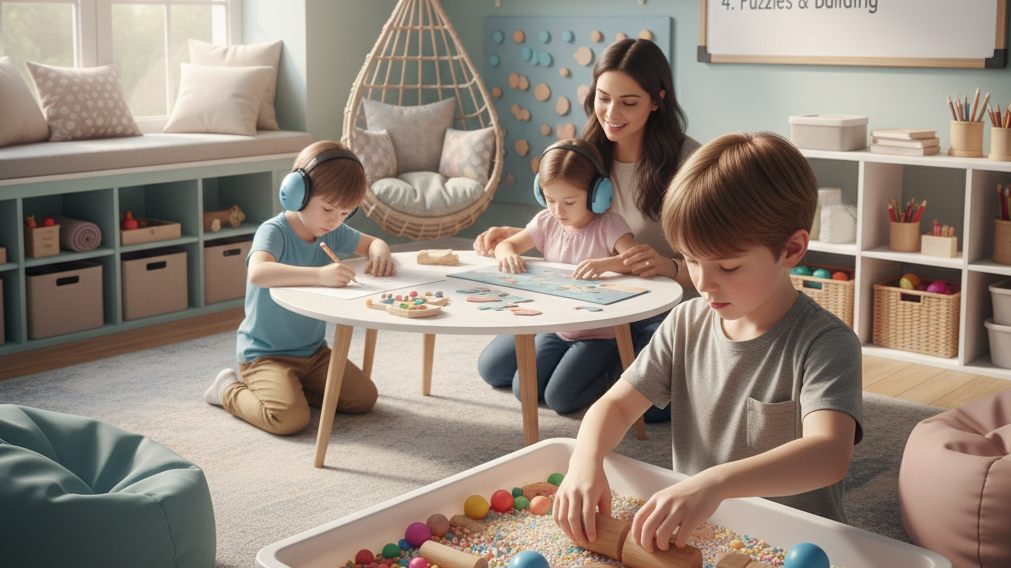 Sensory activities for children with autism in a calm therapy room with a teacher guiding kids during structured play