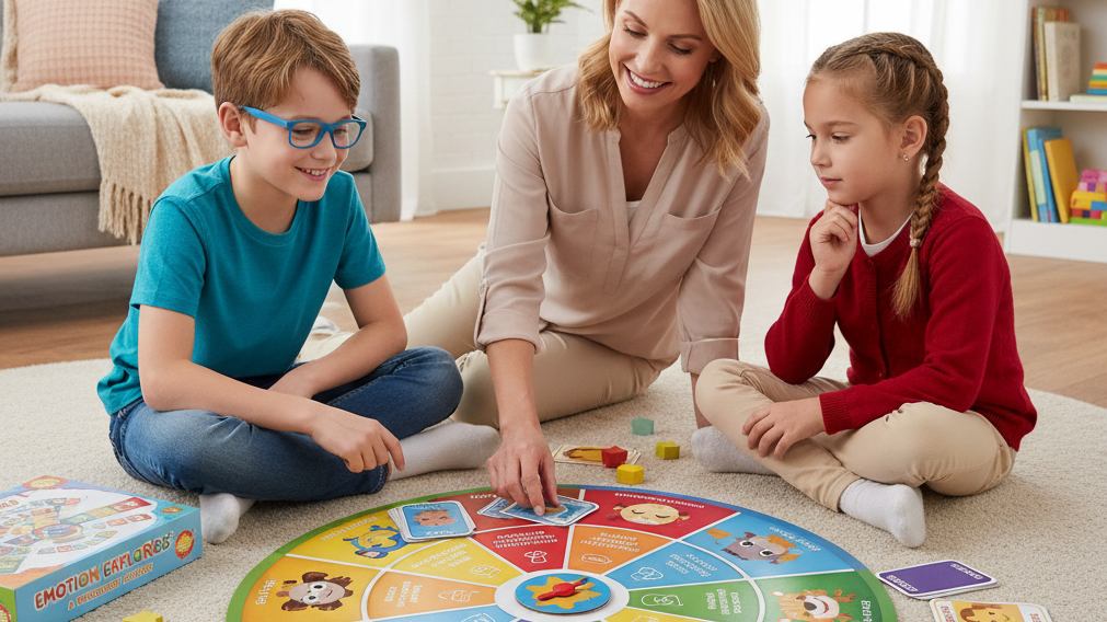 Children playing an emotion recognition board game with a teacher during a social skills activity