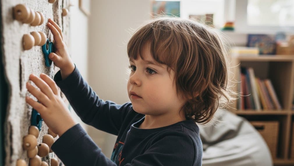 Child exploring a sensory wall panel during a tactile activity in a calm learning environment