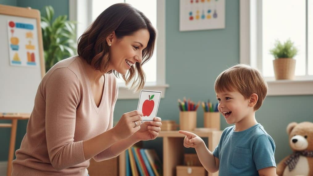 Teacher using a flashcard with a picture of an apple to help a young child learn during an ABA teaching session