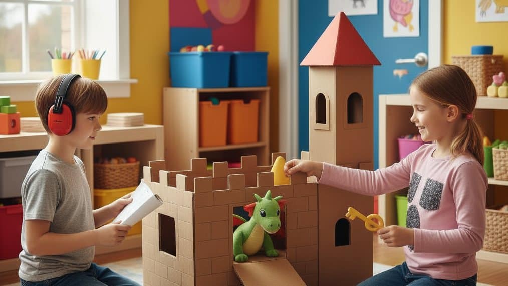 Children engaging in pretend play with a cardboard castle and dragon toy in a sensory-friendly classroom
