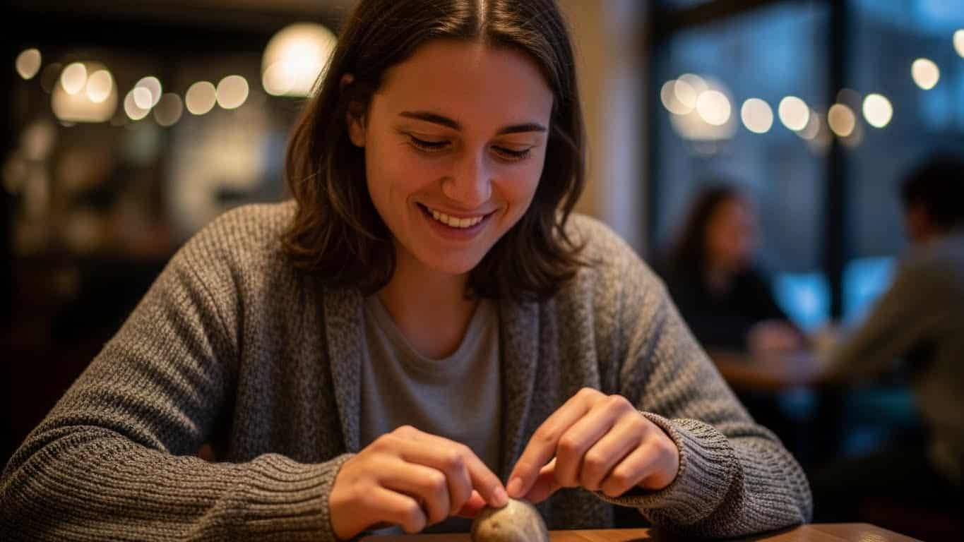 Person smiling while engaging in a calming stimming activity