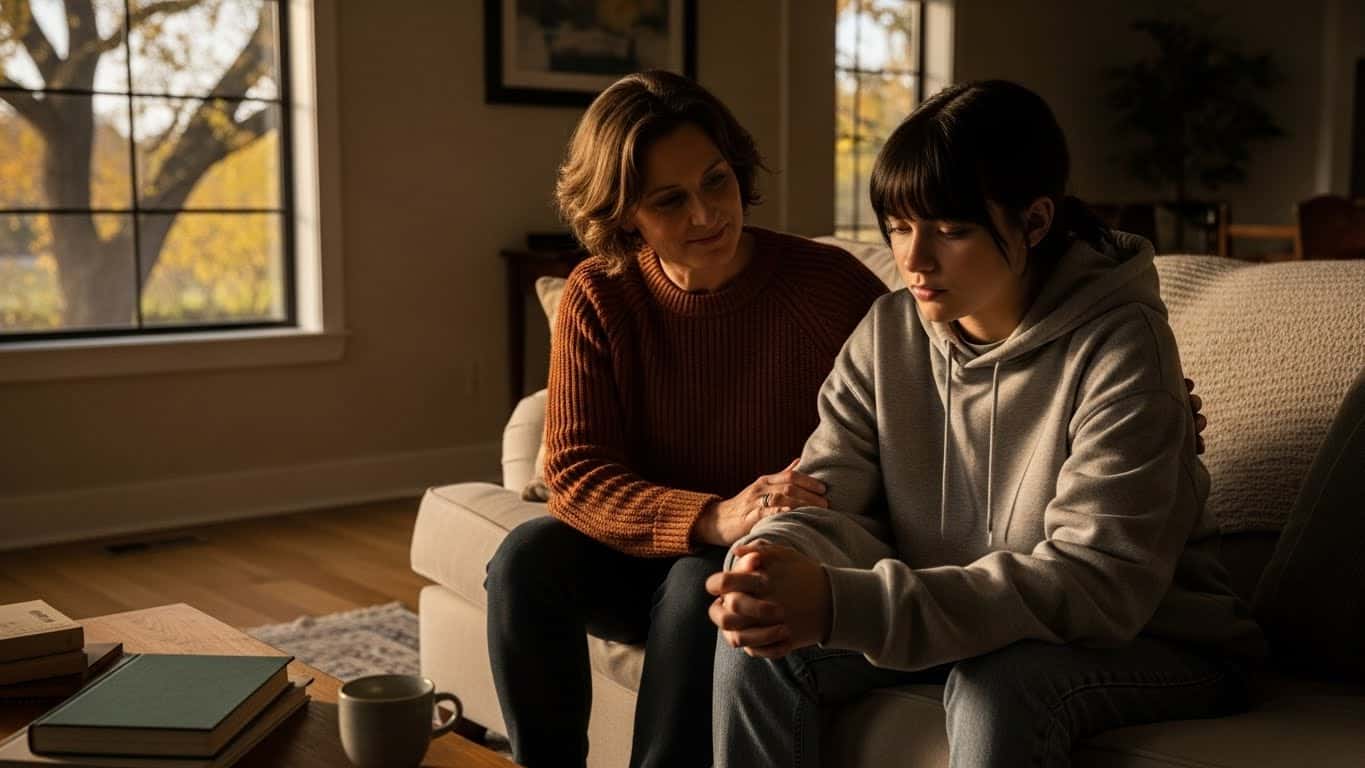 Mother comforting her teen on the sofa, offering emotional support during autistic burnout recovery