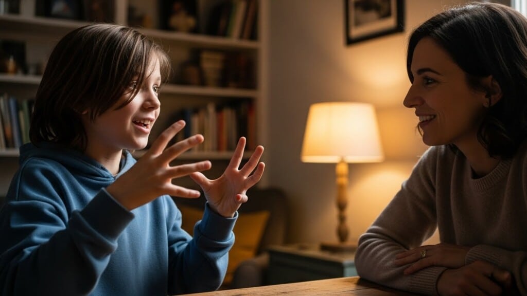 Child enthusiastically communicating with a parent during a supportive conversation about Asperger’s early signs
