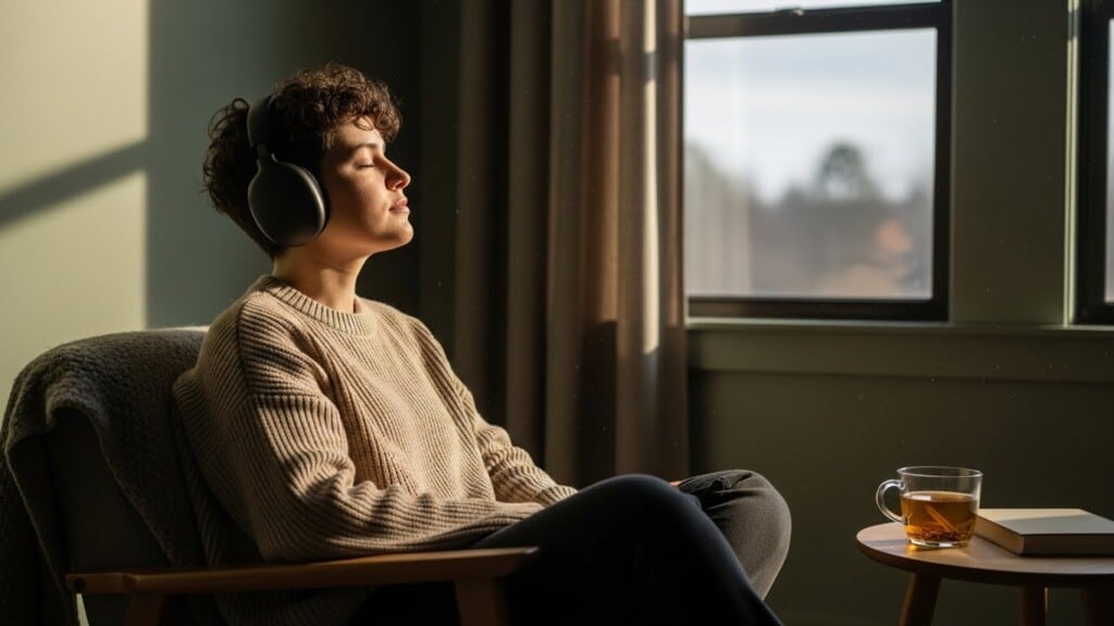 Person resting with headphones in a calm room, practicing mindfulness for autistic burnout relief