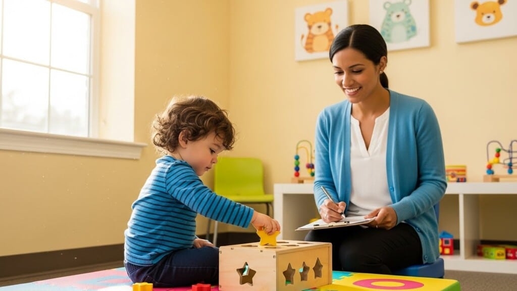 Child engaged in play therapy session with a therapist to support early childhood development and autism assessment